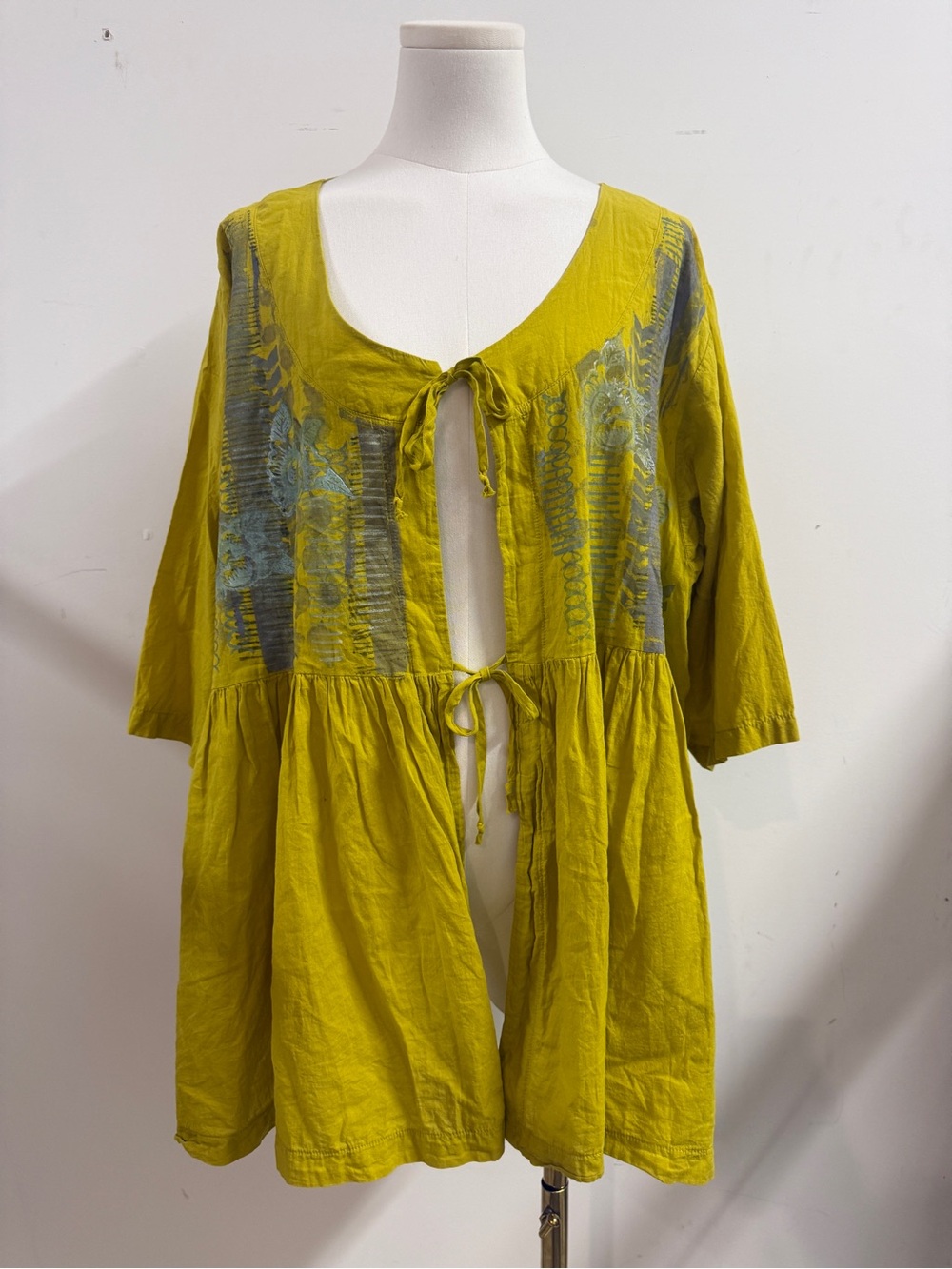 Blue Fish Chartreuse Tie-Front Peasant Top with Blue Embroidery